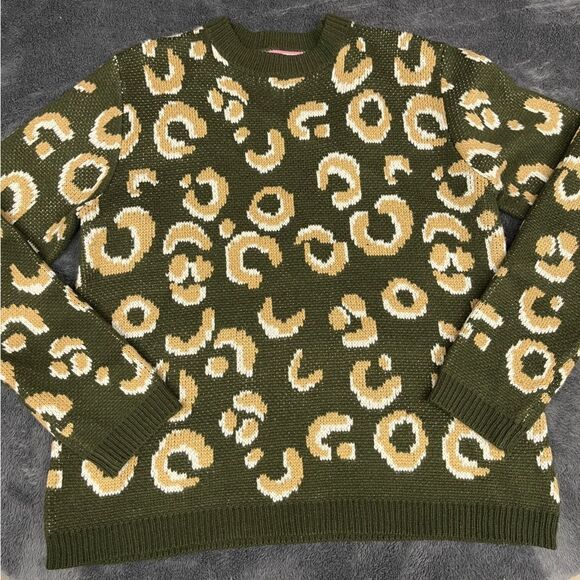 Andree by Unit Leopard Print Green Tan Sweater Size Large - Picture 2 of 5